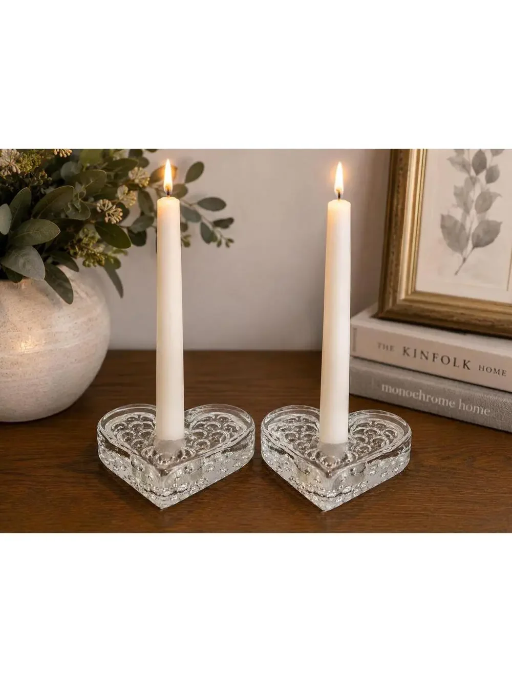 Vintage Set of 2 Hadeland Norway Heart Clear Crystal Glass Taper Candle Holders